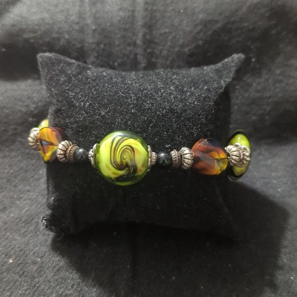 Silver Tone Black Green Orange Brown Swirl Glass Bead Statement Bracelet